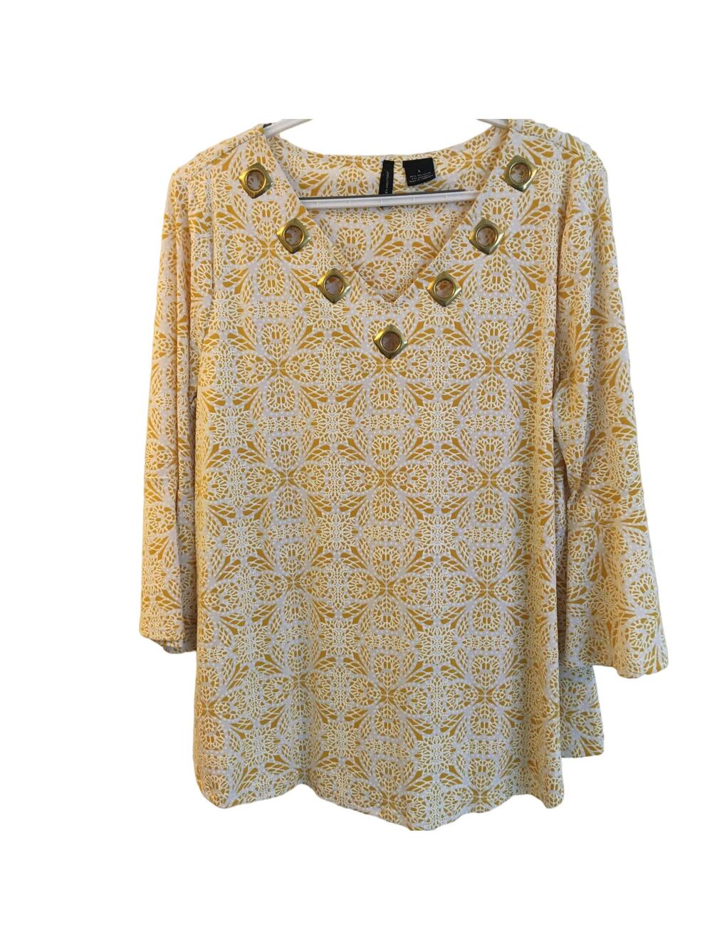 New Directions Large Yellow & White 3/4 Bell Sleeve A-line Top Embellished Neck